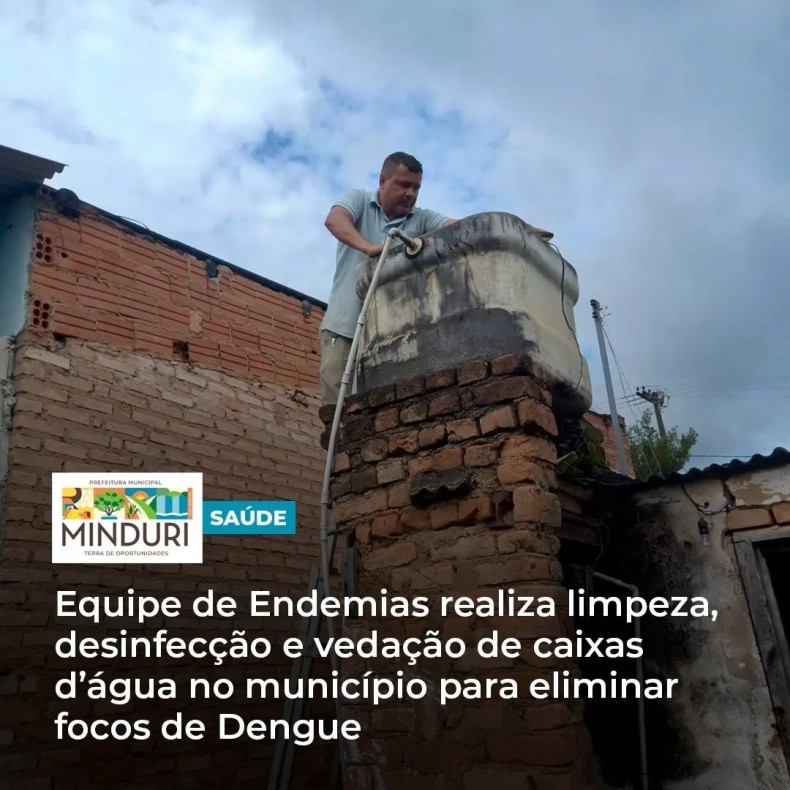 SAÚDE – Equipe de Endemias realiza limpeza, desinfecção e vedação de caixas d’água no município com a finalidade de eliminar focos de Dengue.