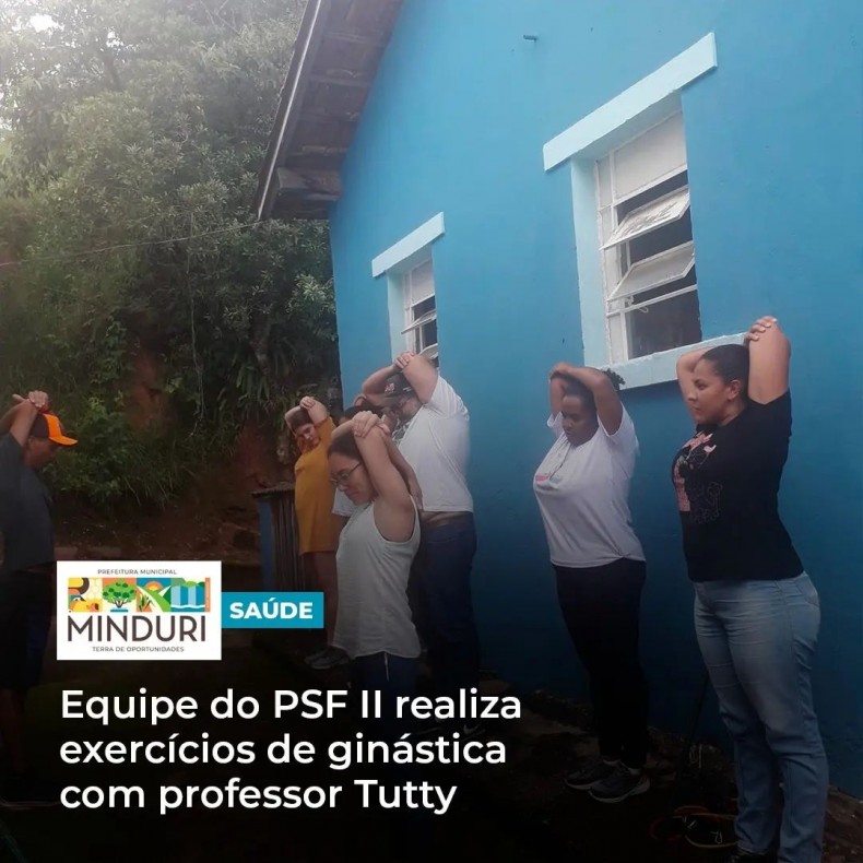 SAÚDE – Equipe do PSF II realiza exercícios de ginástica com professor Tutty, proporcionando uma melhoria na movimentação das articulações e diminuindo possíveis dores.