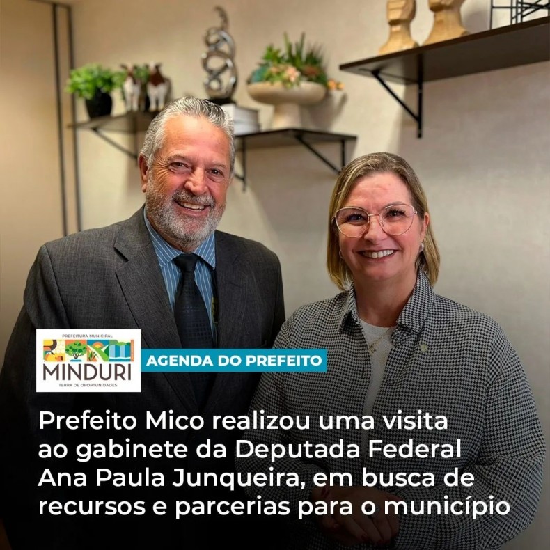 AGENDA DO PREFEITO – Na semana passada, o Prefeito Mico realizou uma visita ao gabinete da Deputada Federal Ana Paula Junqueira, em busca de recursos e parcerias para o município.