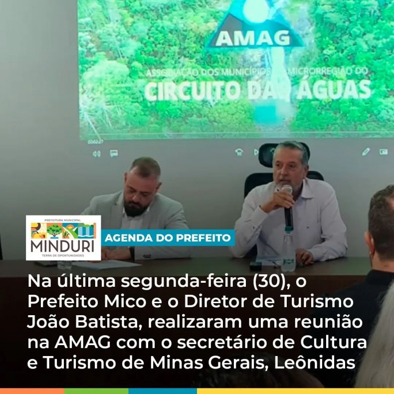 AGENDA DO PREFEITO – Na última segunda-feira (30), o Prefeito Mico e o Diretor de Turismo, Cultura e Meio Ambiente João Batista, realizaram uma reunião na AMAG com o secretário de Cultura e Turismo de Minas Gerais, Leônidas Oliveira.