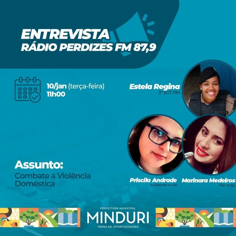 Nesta terça-feira (10), às 11h, o CRAS de Minduri em parceria com a PMMG irá conceder uma entrevista à Rádio Perdizes FM 87,9.