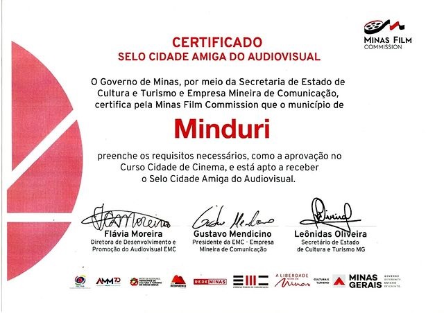 O Governo de Minas, por meio da Secretaria de Estado de Cultura e Turismo e Empresa Mineira de Comunicação, certificou o município de Minduri com o Selo Cidade Amiga do Audiovisual.