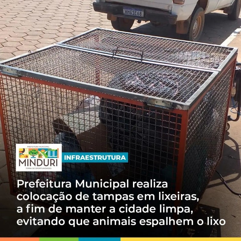 INFRAESTRUTURA – Prefeitura Municipal realiza colocação de tampas em lixeiras, a fim de manter a cidade limpa, evitando que animais espalhem o lixo.