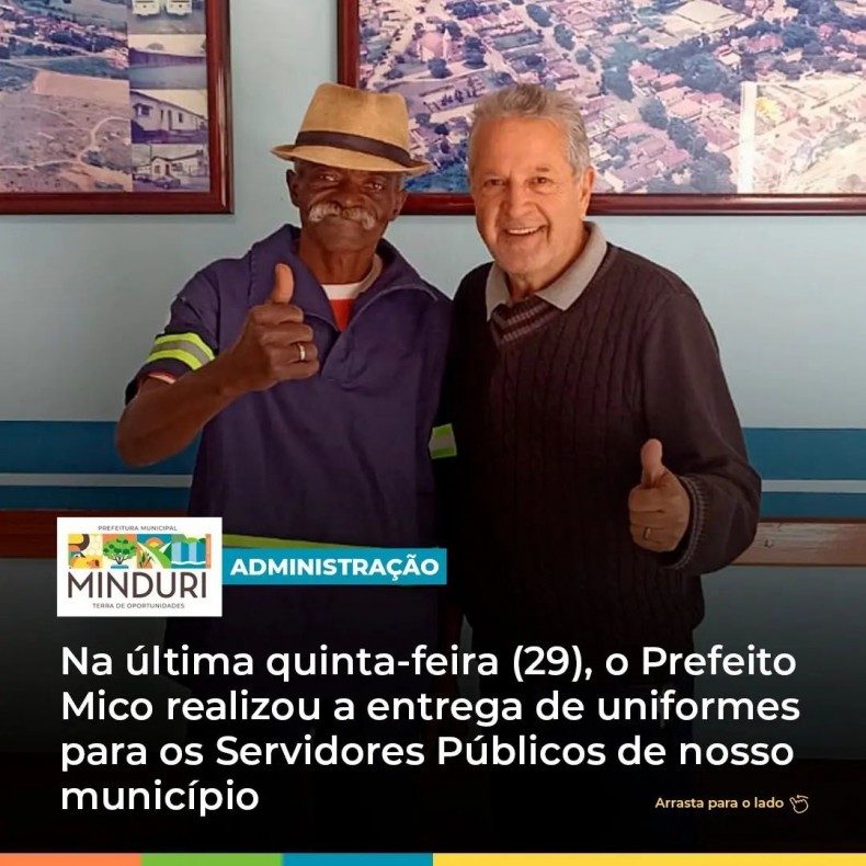 ADMINISTRAÇÃO – Na última quinta-feira (29), o Prefeito Mico realizou a entrega de uniformes para os Servidores Públicos de nosso município.
