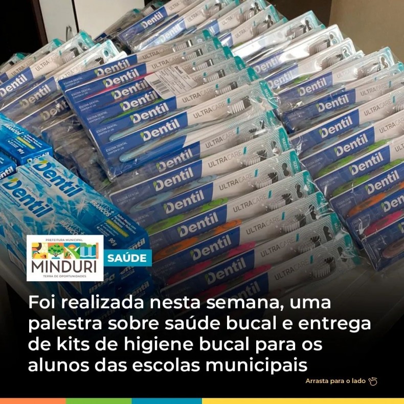 SAÚDE – Foi realizada nesta semana, uma palestra sobre saúde bucal e entrega de kits de higiene bucal (pasta e escova de dentes) para os alunos das escolas municipais.