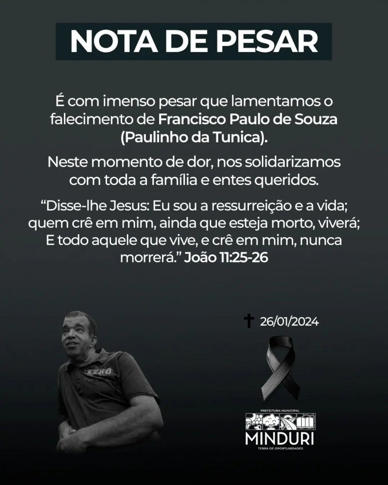 É com imenso pesar que lamentamos o falecimento de Francisco Paulo de Souza (Paulinho da Tunica).