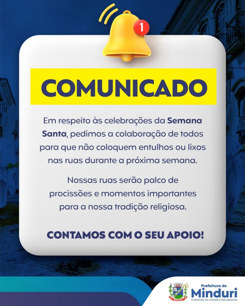 Manter a cidade organizada é um gesto de respeito com todos que participam e com o espaço que é de todos nós. Vamos juntos fazer bonito! A fé também se demonstra com atitudes. Contamos com o apoio de toda a população.  #PrefeituradeMinduri