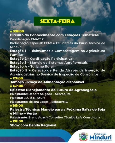 Sexta-feira de muito aprendizado e diversão! Participe do Circuito do Conhecimento, palestras e show com banda regional! 🎤🌱